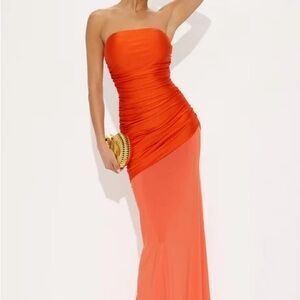 Strapless Orange Ruched Maxi Dress
